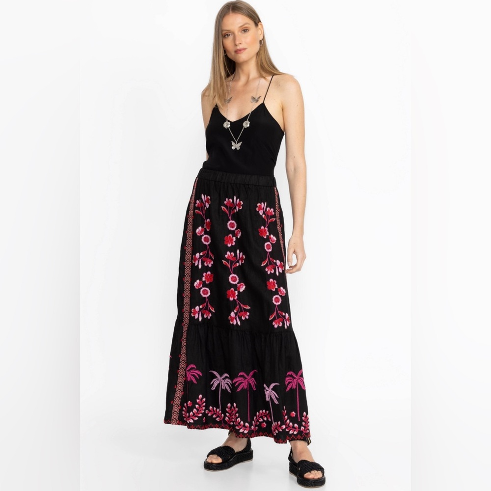 NWT JOHNNY WAS Women's Tiered 100% LINEN Cassia Skirt Black J71924-5 Size XS